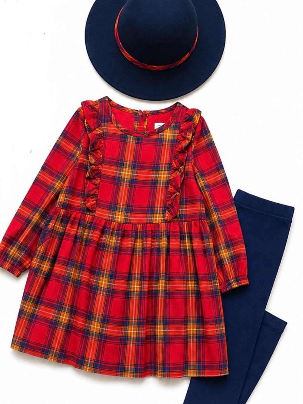 Elie Tahari Red Plaid Ruffle Long-Sleeve Dress with Navy Leggings